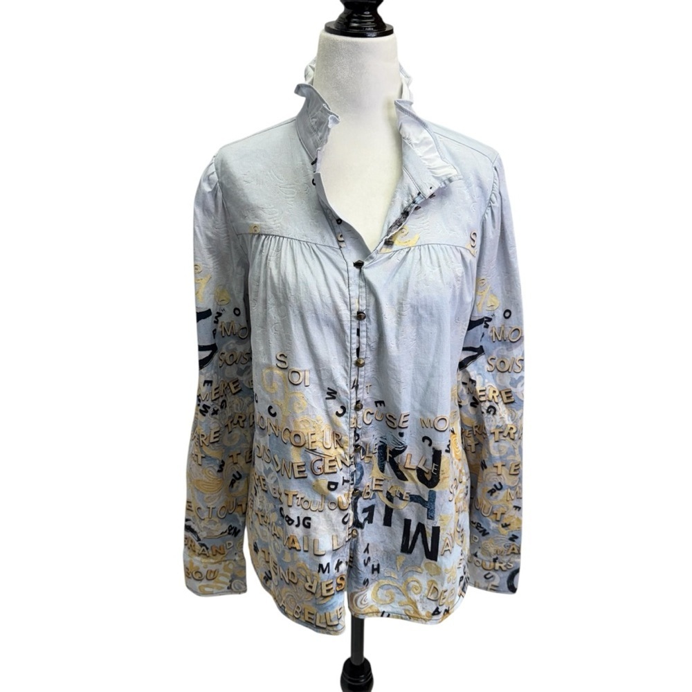 Dolcezza Stylish Women's Blue and Gold Button Front Top Blouse Size S